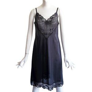 Vintage 70s WARNERS Lacicles Full Slip Dress Black Lace Antron III Nylon Sz 36
